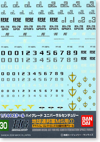 Bandai Gundam Decal GD-30 1/144 HGUC EFSF MS #1 Decal